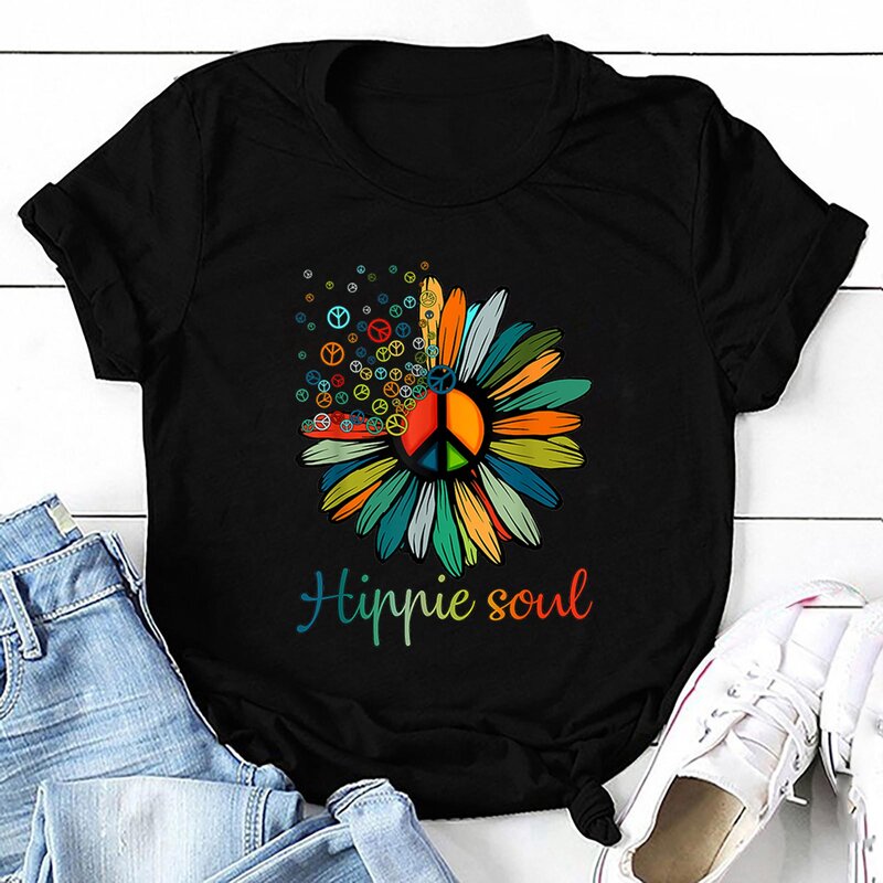 Cute Hippie Soul Printed T-Shirts For Women Short Sleeve Funny Round Neck Tee Shirt Casual Summer Tops