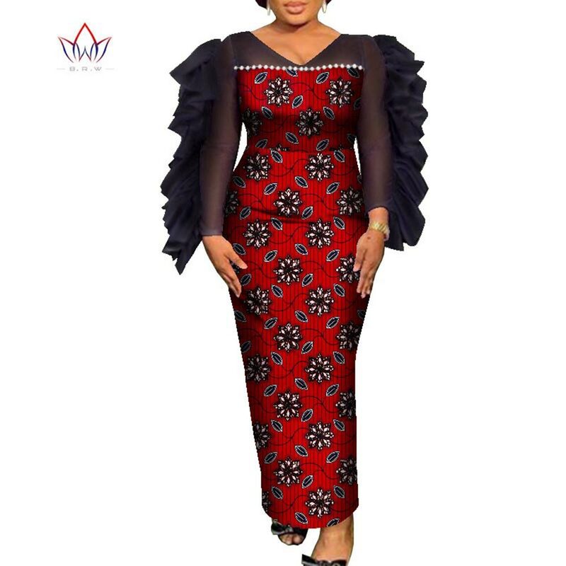 2022 niestandardowe afryki ołówek długie sukienki dla kobiet BINTAREALWAX długa, do kostek Lady Party Dress z perłą Decration WY8547