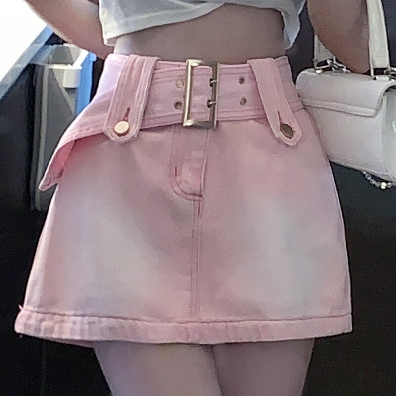 Mini Rok Vrouwen Broek Rok Hoge Taille A-lijn Denim Rok Y2K Jean Rok Belted Fashion Pockets Roze Denim Korte rok 500D