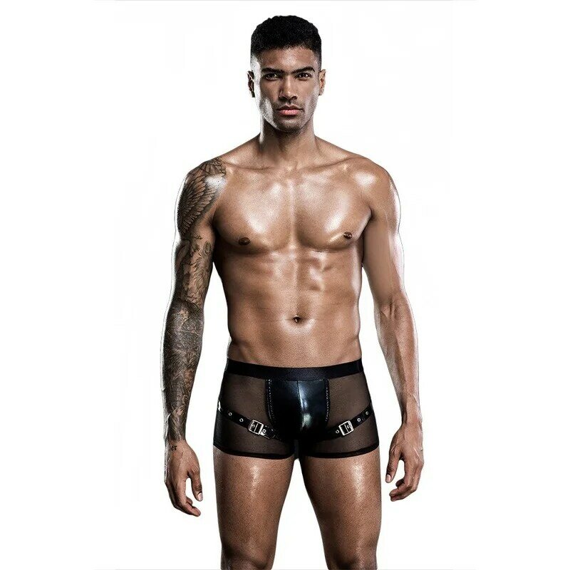 Sexy Men Metal Buckle Boxers Faux Leather Lingerie Stage U Convex Pouch Black Patent Leather Mesh Boxers Shorts Underwear