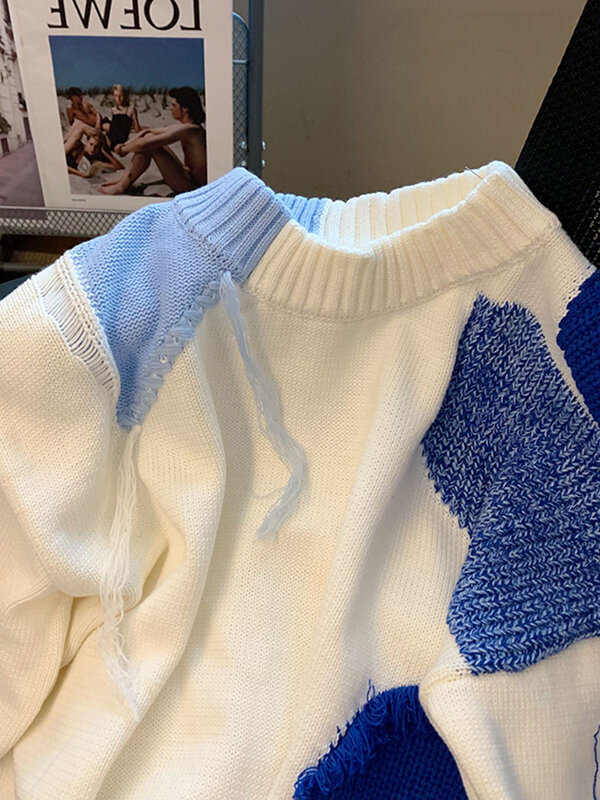 Pull en tricot blanc pour femme, ample, bloc de couleurs, Design cœur, mode japonaise, collection automne hiver 2022