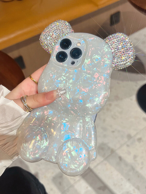 Urso 3d elegante bling glitter diamante cores concha padrão macio caso para o iphone 11 12 13 pro xr x xs max bonito capa traseira