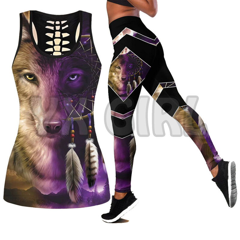 Baju Atasan Kaus Tank Top + Legging Combo Cetak 3D Native Love Wolf Legging Fitness Yoga Wanita