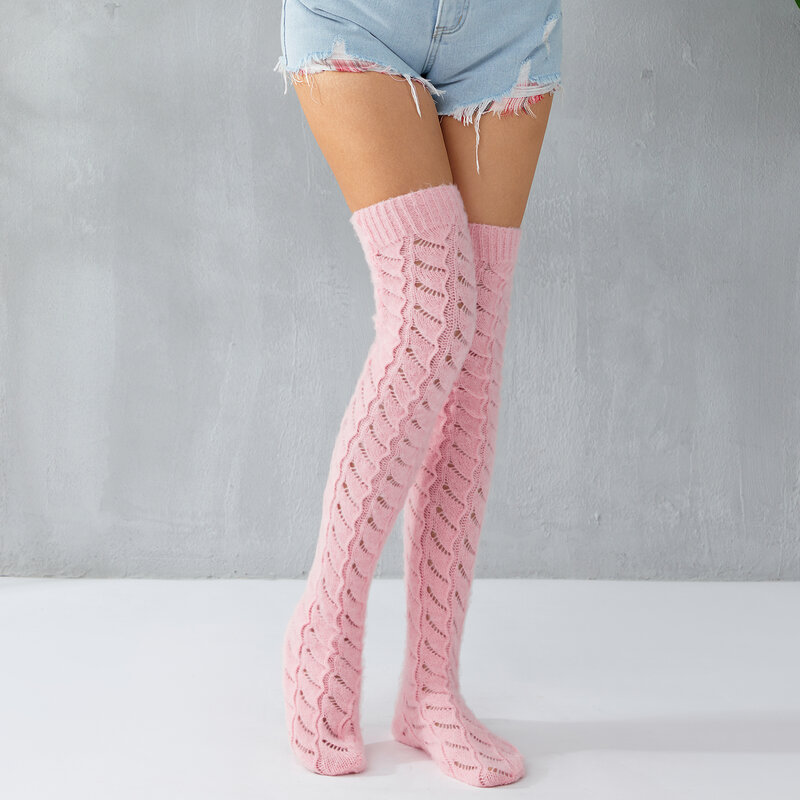 Calcetines altos hasta el muslo de lana para mujer, medias de punto de Color sólido, Leggings súper largos, gris oscuro, rosa y blanco