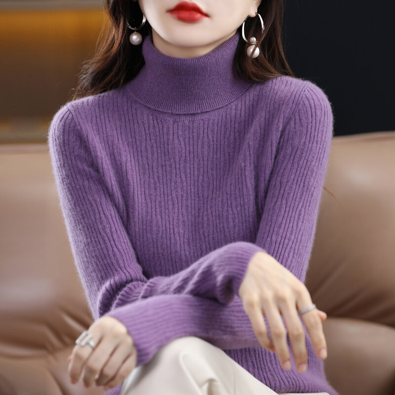 Suéter de cachemira con cordón de solapa alta de lana pura, suéter de punto ajustado de Color sólido, Otoño/Invierno, 100%