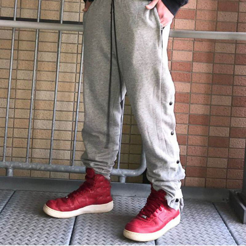 الرجال Sweatpants الجانب زر ملابس رياضية الصلبة الذكور المعتاد الهيب هوب عادية فضفاض رمادي Harajuku سكيت واسعة الساق السراويل