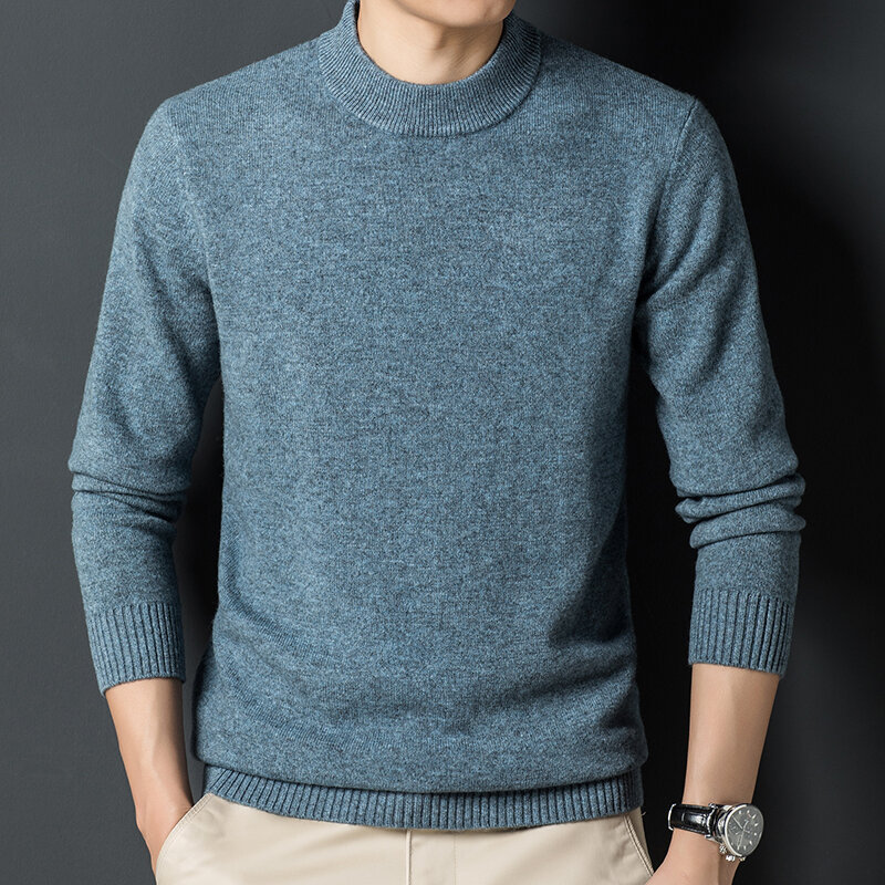 Gola meia-alta masculina de lã pura de 100% no outono e no inverno, com uma camisa de fundo e uma camisola quente de caxemira engrossada.