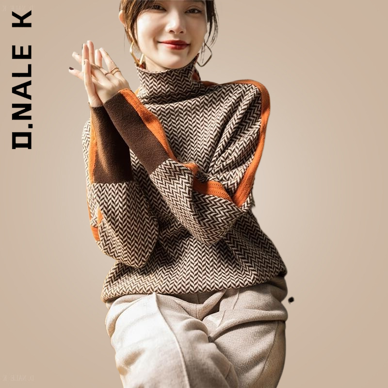 D.Nale K Elegant Top Loose Casual Women's Top Winter Women's Turtleneck Sweater Warm Pullover Commuter Retro Contrast Color