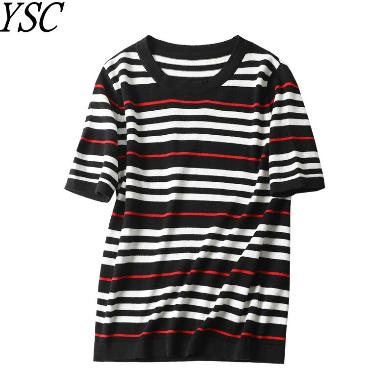 2023Spring&summer Women knitting 100% pure cotton sweaters Round collar Short sleeve Slim fit Stripe style high-quality pullover