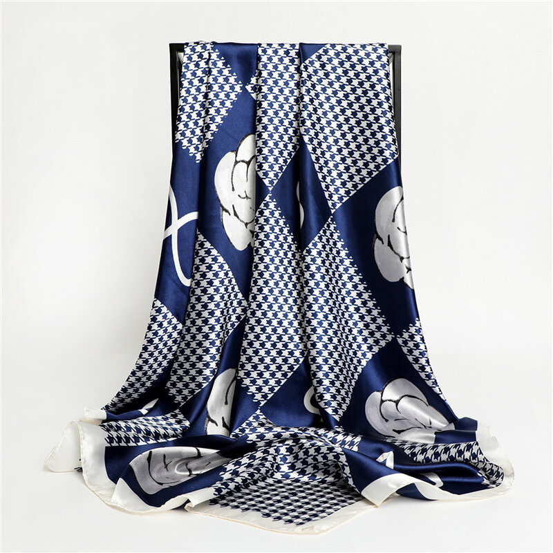 Pañuelo cuadrado de seda a cuadros para mujer, Bandana musulmana de lujo, chales a la moda, Fular de 90cm, 2022