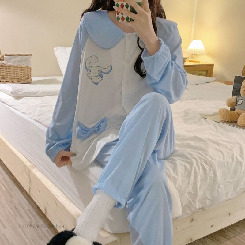 Sanrio Lange Mouw Pop Kraag Voorjaar Pyjama Vrouwelijke Cartoon Cinnamoroll Huis Kleren Pak Vest Tops Losse Broek Vrouwen Sets