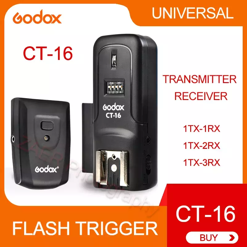 Godox-Kit de CT-16 con transmisor y receptor, disparador de Flash inalámbrico Universal de 16 Canales para Canon, Nikon, Fujifilm, Speedlite Flash