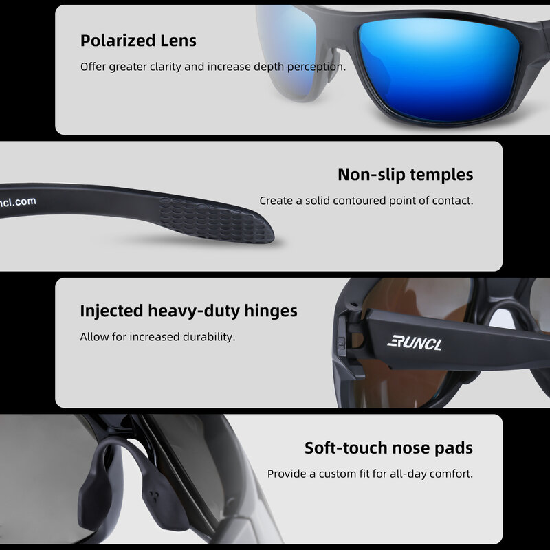 RUNCL Polarized Sports Sunglasses Cleon Fishing Eyewear Glasses Men Women Driving Cycling Camping UV400 HD Saltwater-Resistant
