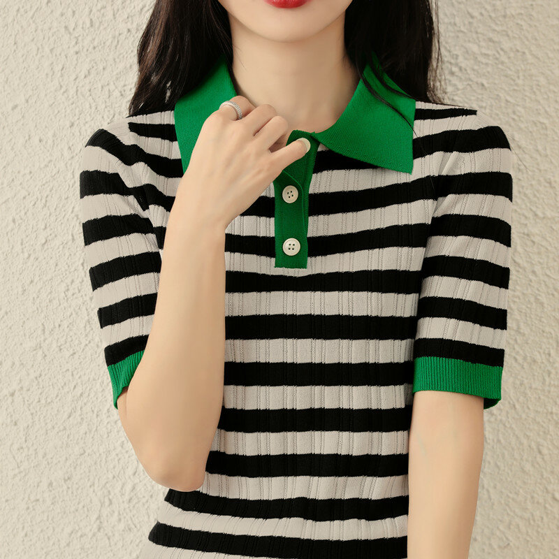 Frauen Pullover Striped Polo Kragen T-Shirt Sommer Neue Stil Pullover Kurzarm Gestrickte Pullover Design Nische Einfache Schlank top