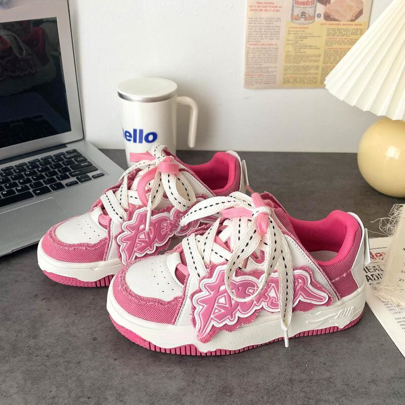 Y2K Korean Women Casual Kawaii Pink White Sports Sneaker Athletic Loafers Sneakers Platform Tennis Shoe Chunky Thick Heel Shoes