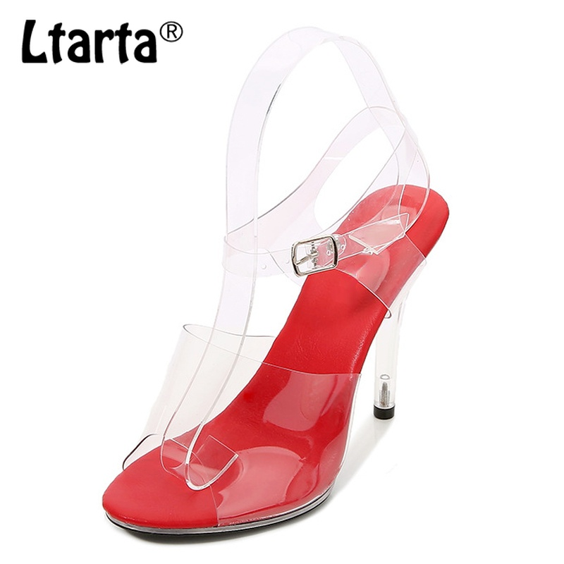 LTARTA Sandal Wanita Fashion Sepatu Wanita Hak Kristal Transparan Sepatu Pernikahan Pesta Mulut Ikan Ukuran Besar 35-43 LFD