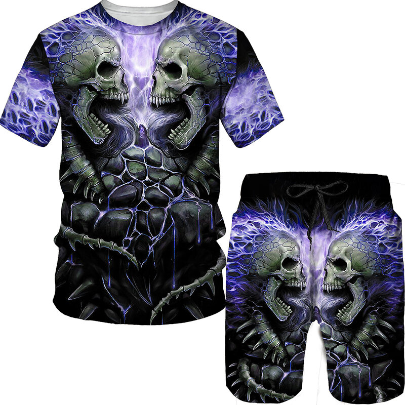 ฤดูร้อนใหม่ชายเสื้อยืด Skull ชุดลำลองกางเกงขาสั้นชุด3D พิมพ์รอบคอชุด Devil ชายเสื้อผ้าฟิตเนสกีฬาช...