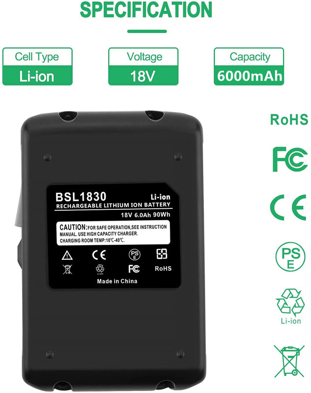 Taladro Inalámbrico recargable de iones de litio, 18V, 6.0Ah, batería para Hitachi/Hikoki BCL1815 EBM1830 BSL1840 BSL1850