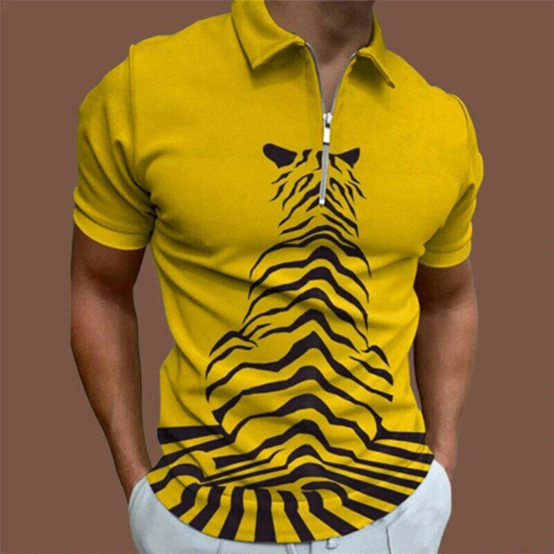 2022 Summer Geometric Print Casual Men's Short Sleeve Polo Shirt Patchwork Lapel Zipper Design Men's Streetwear