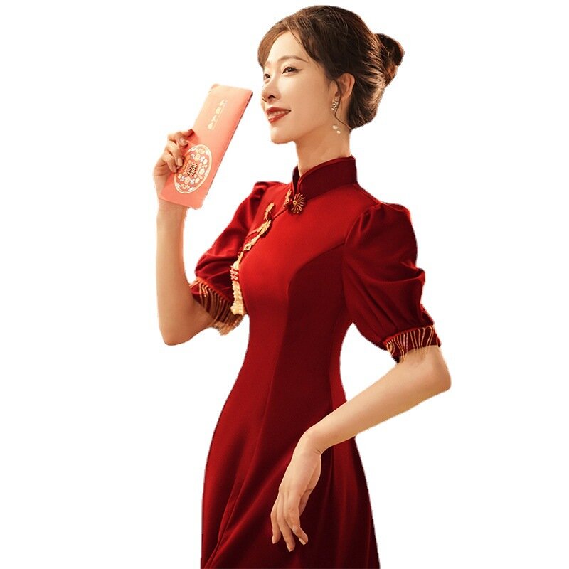 Vinho chinês feminino vermelho verão cheongsam casamento/vestido de noivado-estilo longo-mangas puff (cobrir os braços)-estilo magro