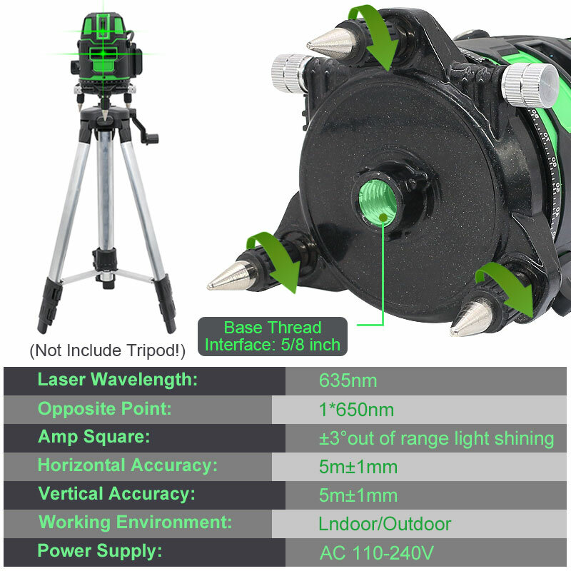 Auto-Nivelamento 360 Raio Verde Rotativo Nível Laser, 2, 3, 5 Linhas Cruzes, Direto, Horizontal, Vertical, Exterior, Interior