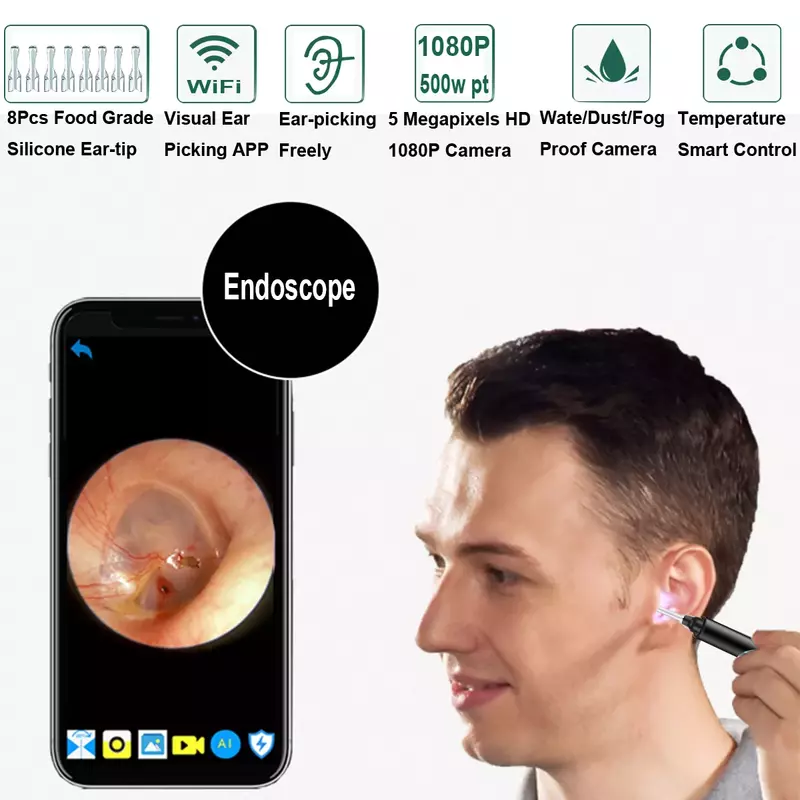 Wifi sem fio de vídeo orelha endoscópio inspecionar digital médico otoscópio para ios android pc 3.5mm câmera 1080p borescope earpick