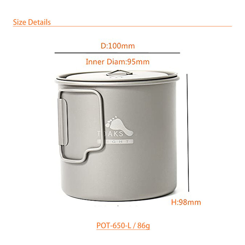 TOAKS Pure Titanium POT-650-L POT-750 Camping Equipment Ultralight Cookware Outdoor Mug with Cover and Foldable Handle Tableware