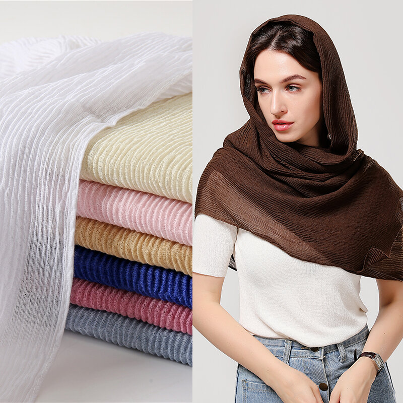 Foulard Hijab en coton froissé pour femmes, écharpe musulmane, châles à bulles solides, bandeau plissé, enveloppant Bandana Pashmina, 2022