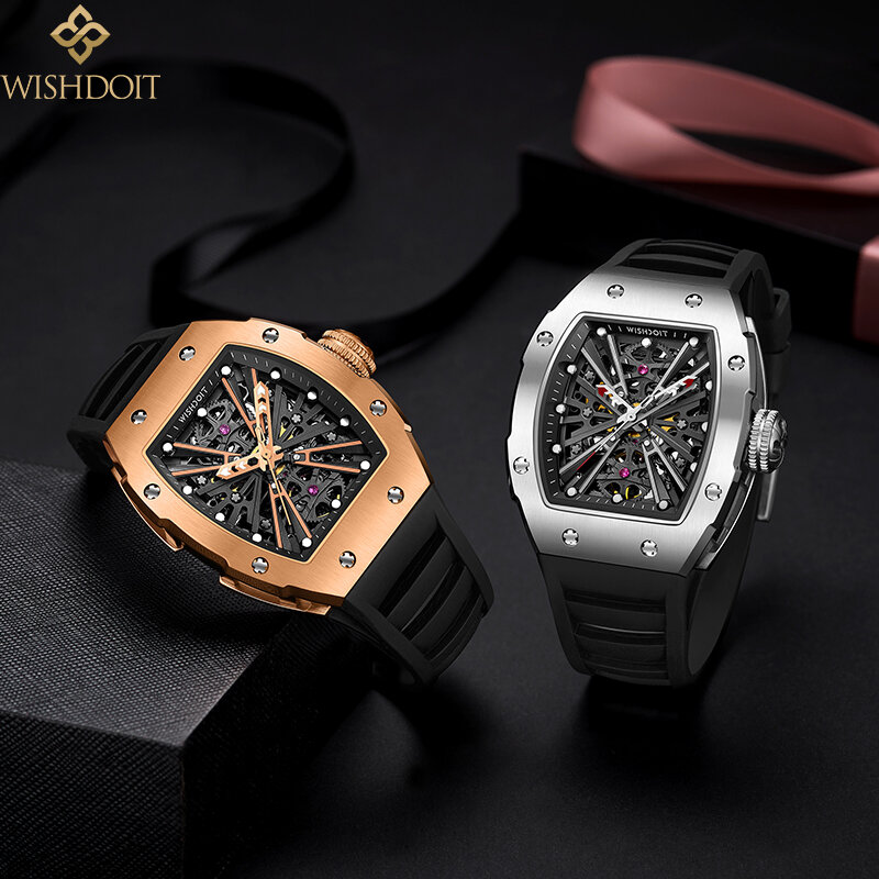 100%Original WISHDOIT Men Automatic Mechanical Watch Rubber Tape Waterproof Watches 2023New Fashion Business Tonneau Clock