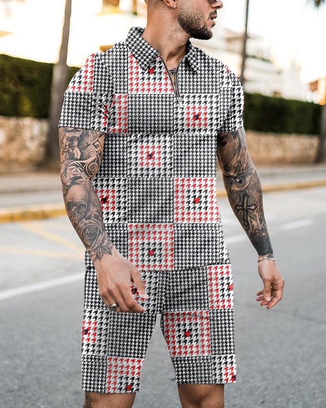 2022 Men's Polo Suit Fashion Men Sets Mesh Printed Streetwear V-neck Short Sleeve POLO Shirt & Shorts Two Pieces Men Casual Suit