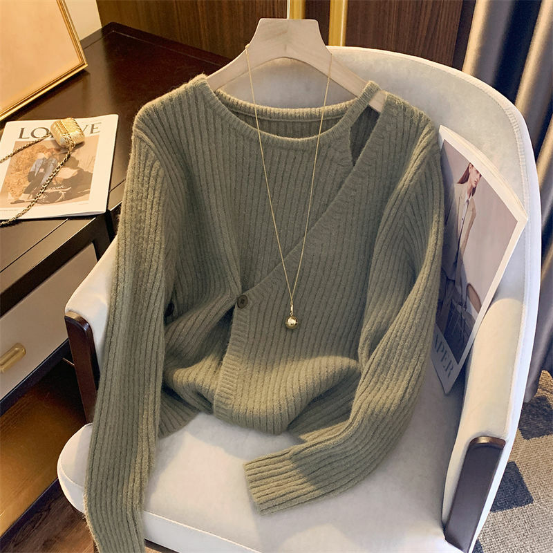 세련된 디자인 버튼 크로스 스웨터 여성용, 2022 년 가을 및 겨울 신제품, 게으른 바람, 나이 감소, 틈새, 두꺼운 스웨터