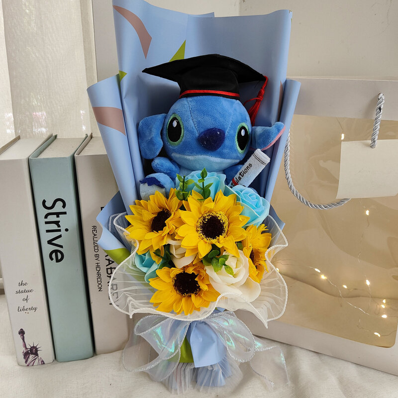 Lindo oso de peluche de Animal de peluche, juguete de amante Rilakkuma con ramo de flores de graduación, caja de regalo, regalos de cumpleaños y graduación