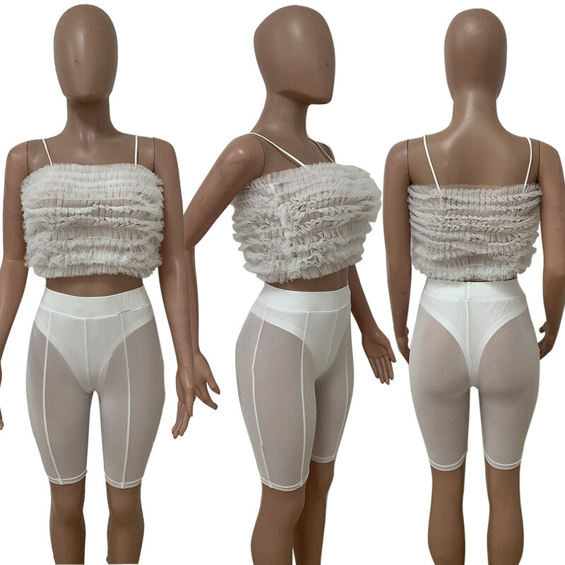 Pakaian Set 2 Potong Pesta Klub Ketat + Celana Pendek Atasan Potong Ruffle Selempang Musim Panas Wanita Pakaian Olahraga Pendek Perca Jaring Tipis Seksi