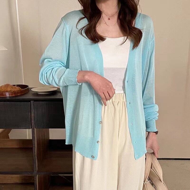 Spring, Summer, Autumn, Ice Silk Knitted Shawl With Clothing V-neck Monochromatic Air Conditioning Unlined Upper Garment
