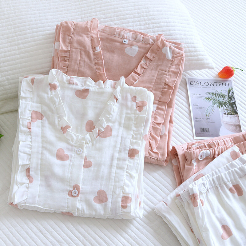 産後の綿のパジャマ,ダブルガーゼ,Vネック,長袖,レースの襟,母乳育児服