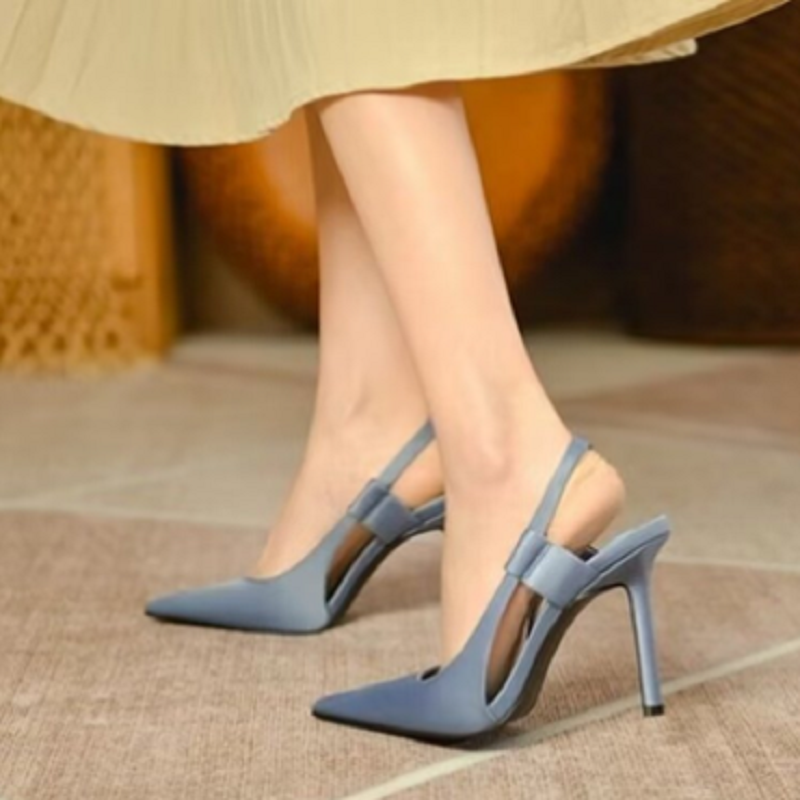 2022ฤดูใบไม้ผลิใหม่ผู้หญิงมีแบรนด์ Slingback รองเท้าแตะ Pointed Toe ส้นสูงสุภาพสตรี Elegant ปั๊มรองเท้า Drss รองเท้าแตะ