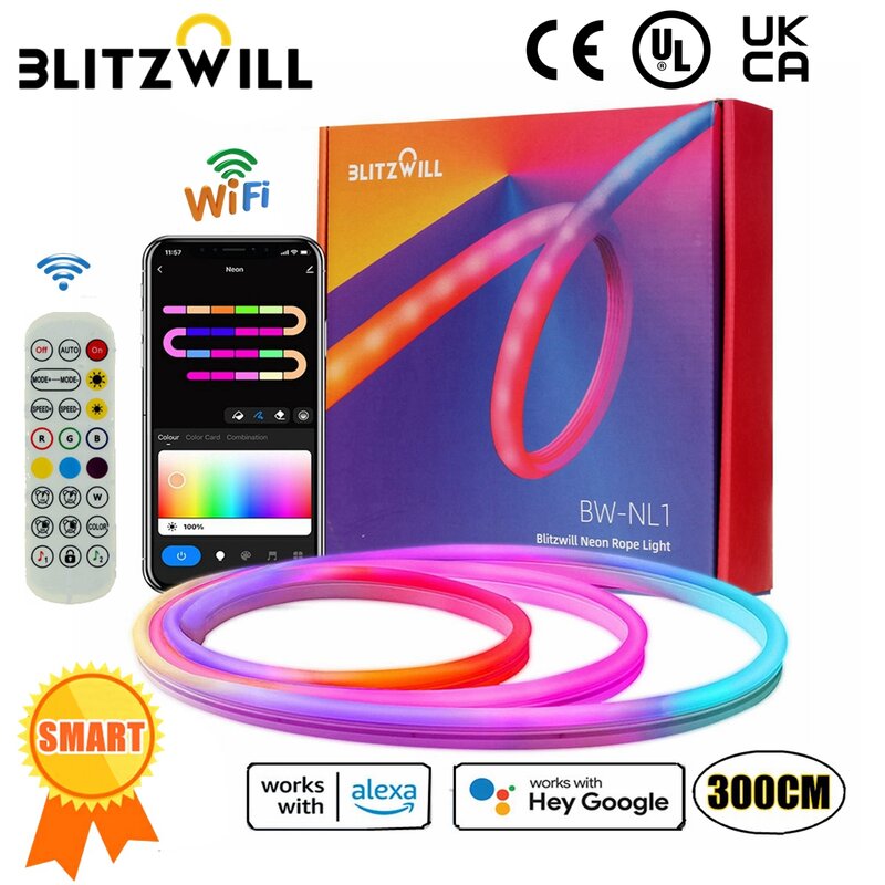 Blitzwill LED Bar Light 3M, rgbic DIY NEON LIGHT, with wifi app Control, with alexa, splittable colorable LED for Bedroom, walls, Games
