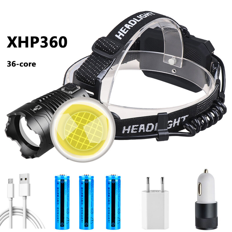 C2 LED Headlamp 36-Core XHP360 XHP90 Headlight Super Bright Zoomable Powerbank USB Rechargeable 18650 Head Flashlight Lamp Torch
