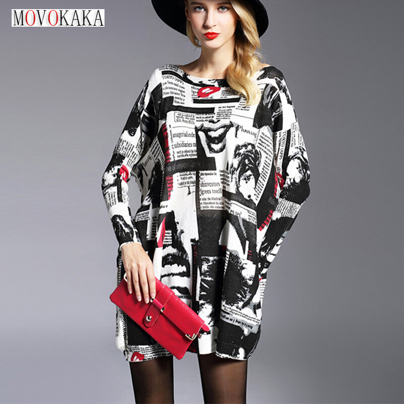 MOVOKAKA-배트윙 슬리브 니트 스웨터, 여성 풀오버, 가을/겨울용 프린트, 긴 스웨터 드레스, 루즈하고 따뜻한 점퍼