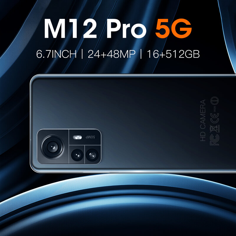 글로벌 버전 M 12 프로 5G 스마트 폰 6.7 인치 잠금 해제 전화 안드로이드 16 기가 바이트 512 기가 바이트 휴대 전화 48MP 카메라 6000mAh 스마트 폰