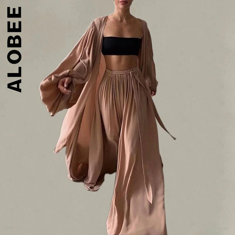 Alobee Piyama Musim Panas Wanita Lingerie Kardigan Lengan Lentera Panas 3 Set Pakaian Rumah Wanita Gaun Malam Manis Baju Wanita