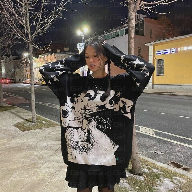 Sweter Katun Harajuku Musim Gugur Pullover Gambar Bintang Pistol Gotik Sweter Besar Wanita Sweter Rajutan Hip Hop Pakaian Jalanan Pria Y2K