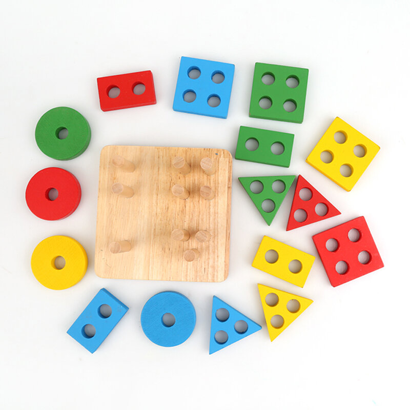 Dziecko edukacyjne drewniane kolorowe geometryczne sortowanie pokładzie Montessori 3D budynku kolumna Puzzle zabawki dla dzieci