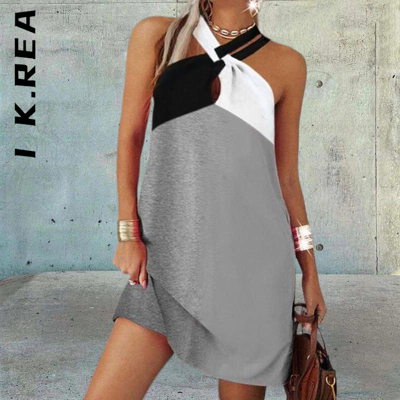 I K.Rea Sleeveless Sexy Halter Neck Leopard Patchwork Printing Mini Dress Outfits Slim Popular Robe Stylish Female Vestidos