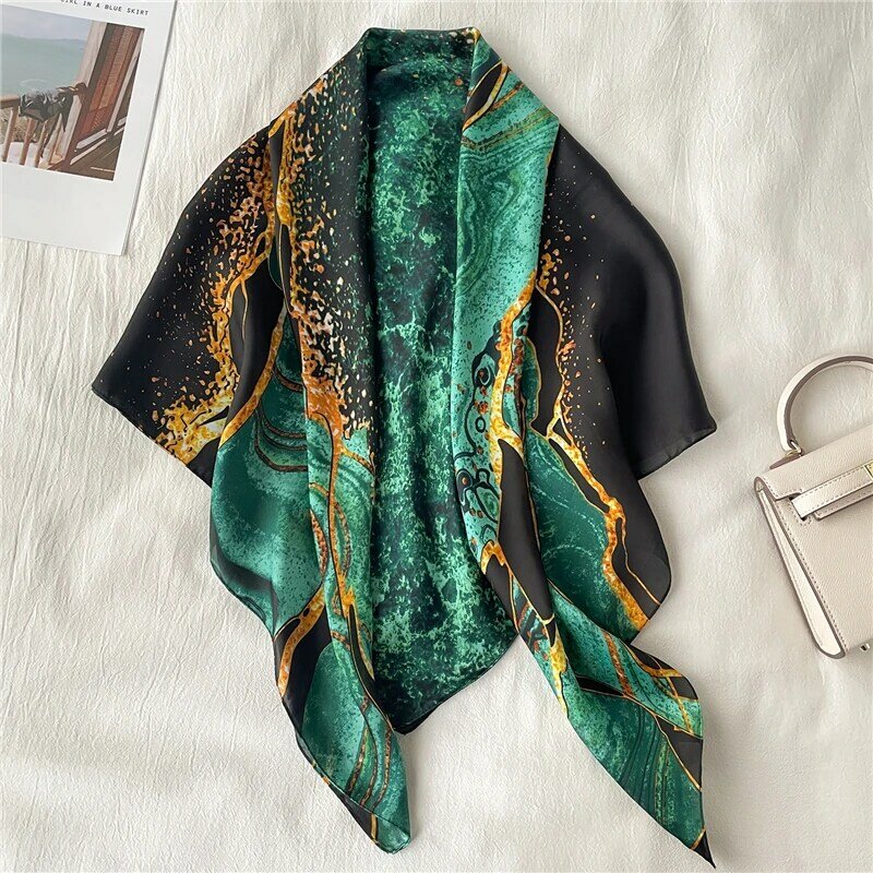 Foulard carré en Satin de soie pour femmes, 90cm, Hijab, bandeau Bandana, nouvelle mode, châle, sac, cravate, silencieux, 2021