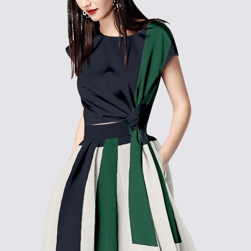 Contrast color suit 2022 women's summer fashion light and familiar temperament celebrity top skirt two-piece skirt