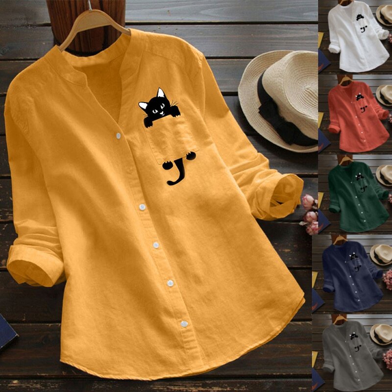 Blusa informal de lino y algodón con estampado de gato para mujer, camisa de manga larga con cuello en V, tops para primavera
