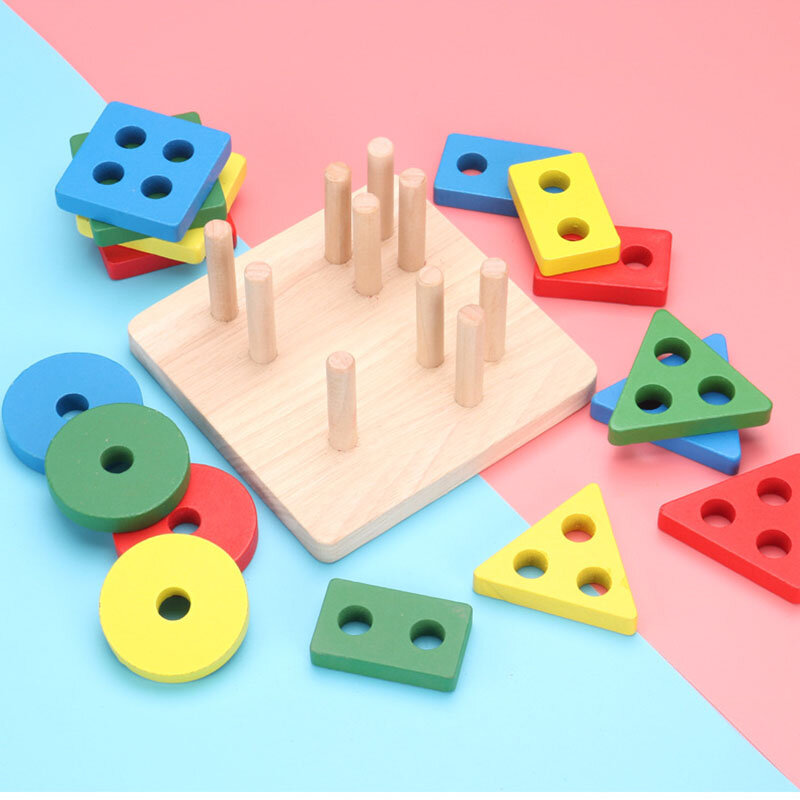 طفل التعليمية خشبية ملونة هندسية الفرز مجلس مونتيسوري ثلاثية الأبعاد بناء العمود بازل قطع لعب للأطفال