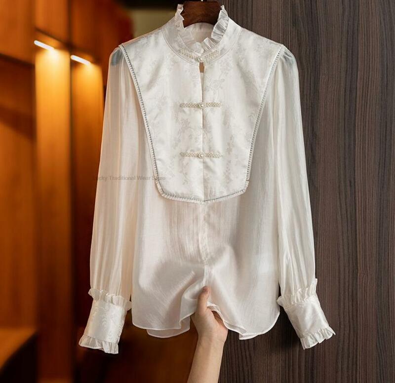 Estilo Chinês Tradicional Hanfu Top Pérola Vintage Botão Camisa Mulheres Blusa Graciosa Senhora Estilo Ol Mulheres Retro Qipao Top