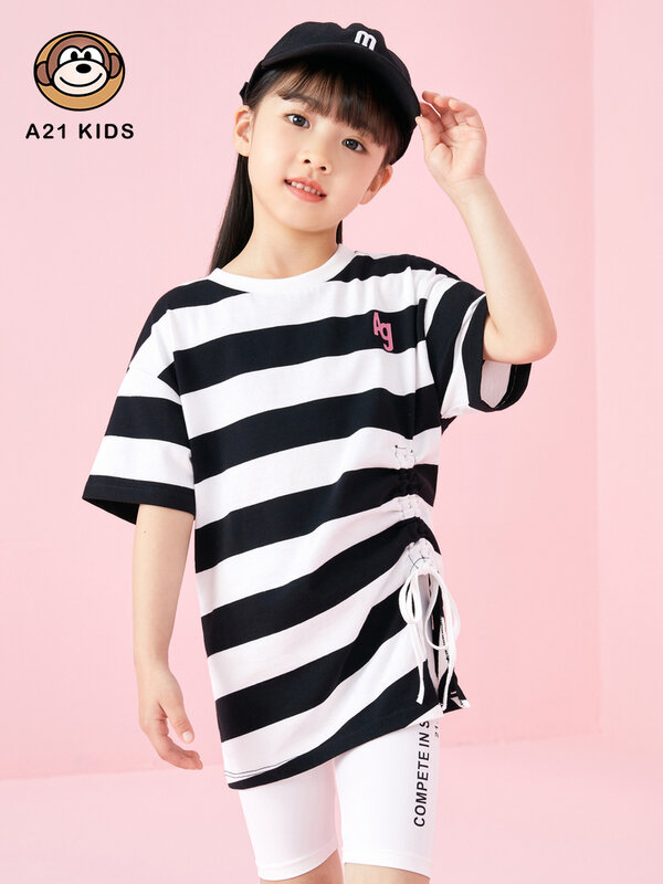 A21 소녀 캐주얼 반팔 티셔츠 2022 여름 순수한 면화 문자 인쇄 스트라이프 Drawstring 니트 느슨한 라운드 넥 탑